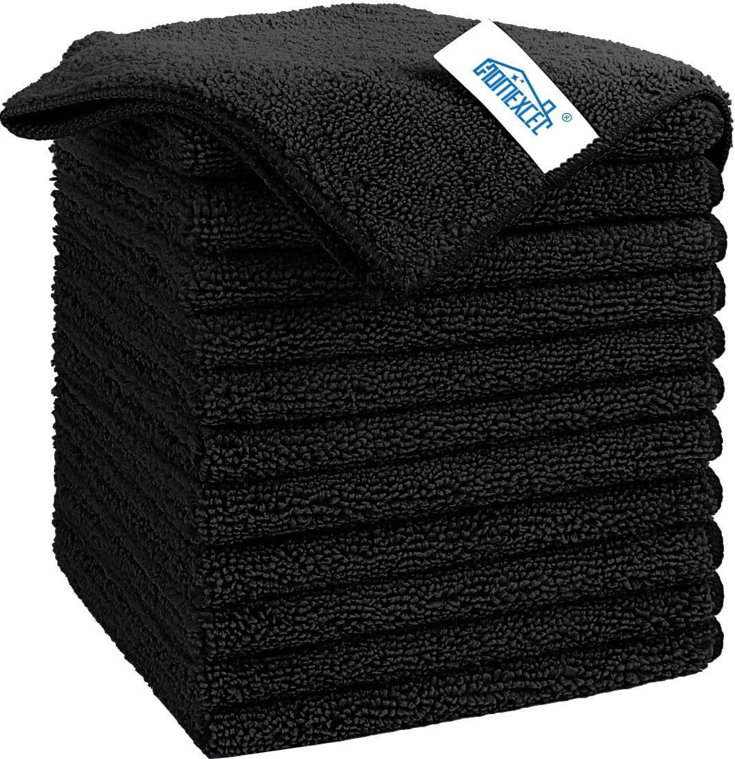 Premium Black Microfiber Cleaning Cloths, 12 Pack, Lint-Free & Highly Absorbent