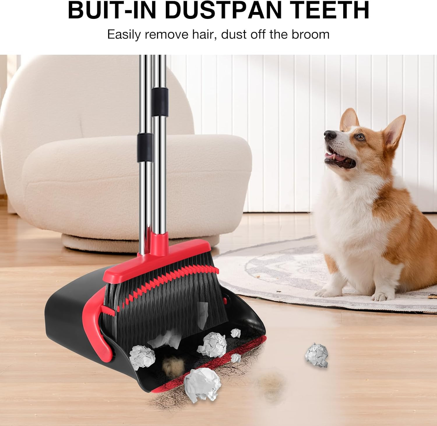 Broom and Dustpan Set, 52-In Long Adjustable Handle Broom Dustpan Combo with Dus