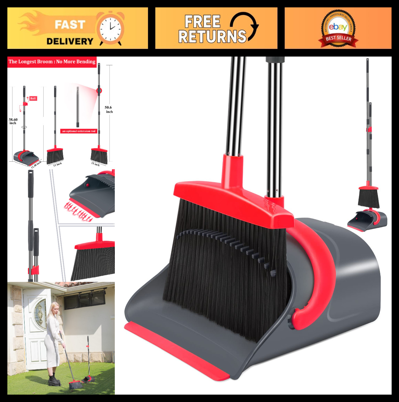 Broom and Dustpan Set with Long Handle – Combo for Home, Kitchen, Office, Lobby