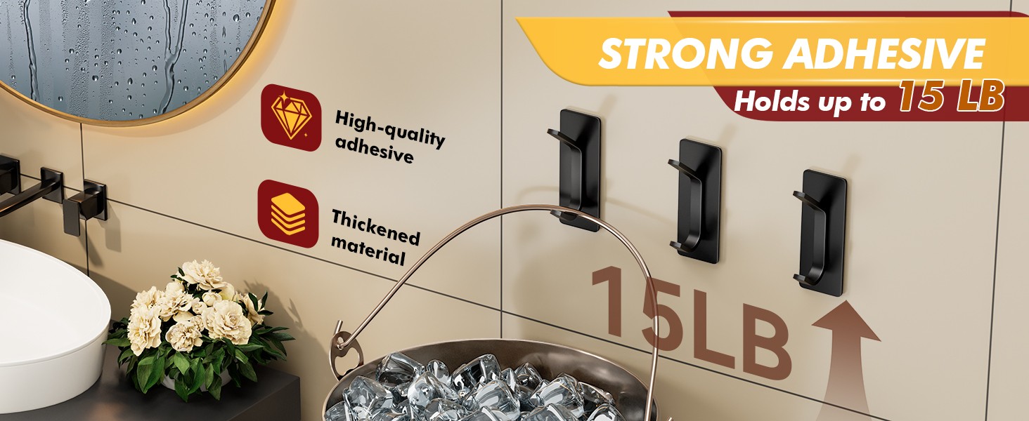 Self Adhesive Hooks 15lbs Heavy Duty, 5 Pack Stainless Steel Wall Hooks for Coat