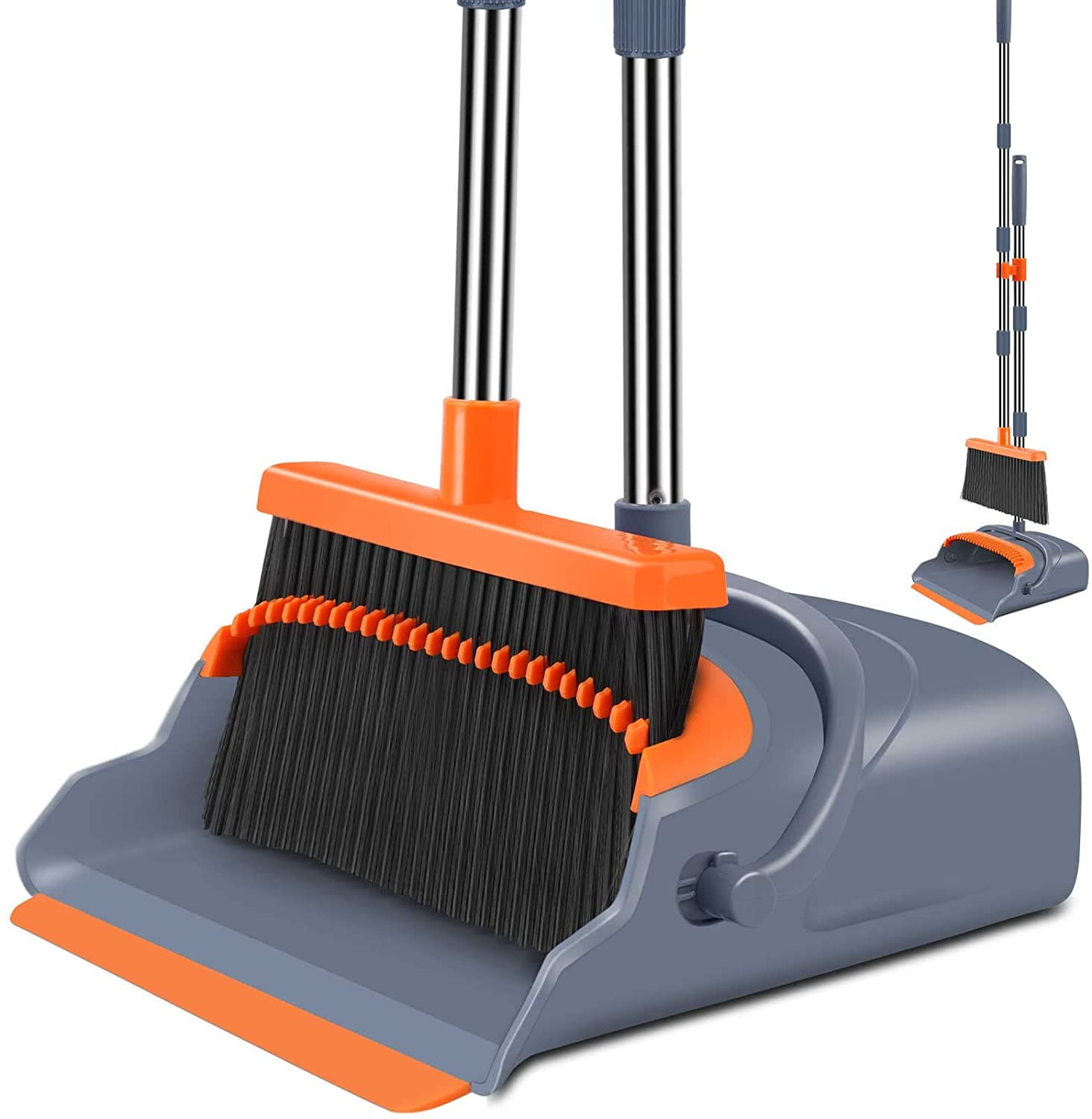 Self-Cleaning Broom & Dustpan Set for Pets, Indoor/Outdoor Use – Gray & Orange