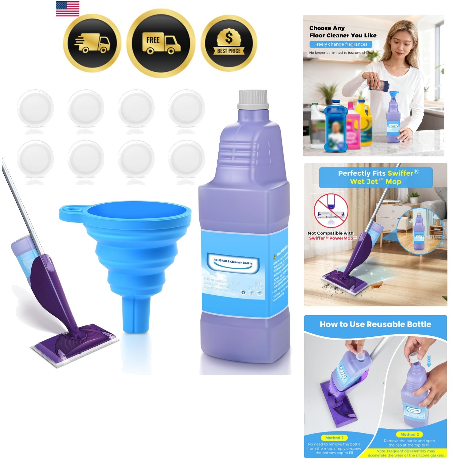 Upgraded Refillable Bottle for Swiffer Wet Jet Mop – 1250ml /42.3 FL OZ, Leak…