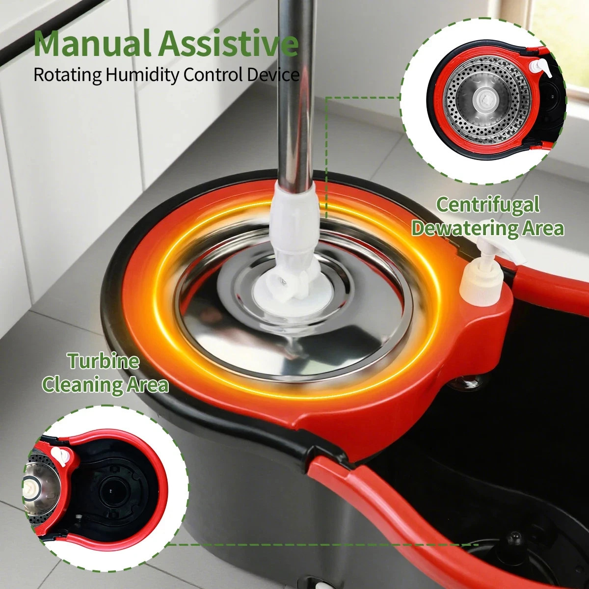 Mop Bucket Set 360° Dual-Motion Spin Mop System 3 Split-Yarn Mop Heads