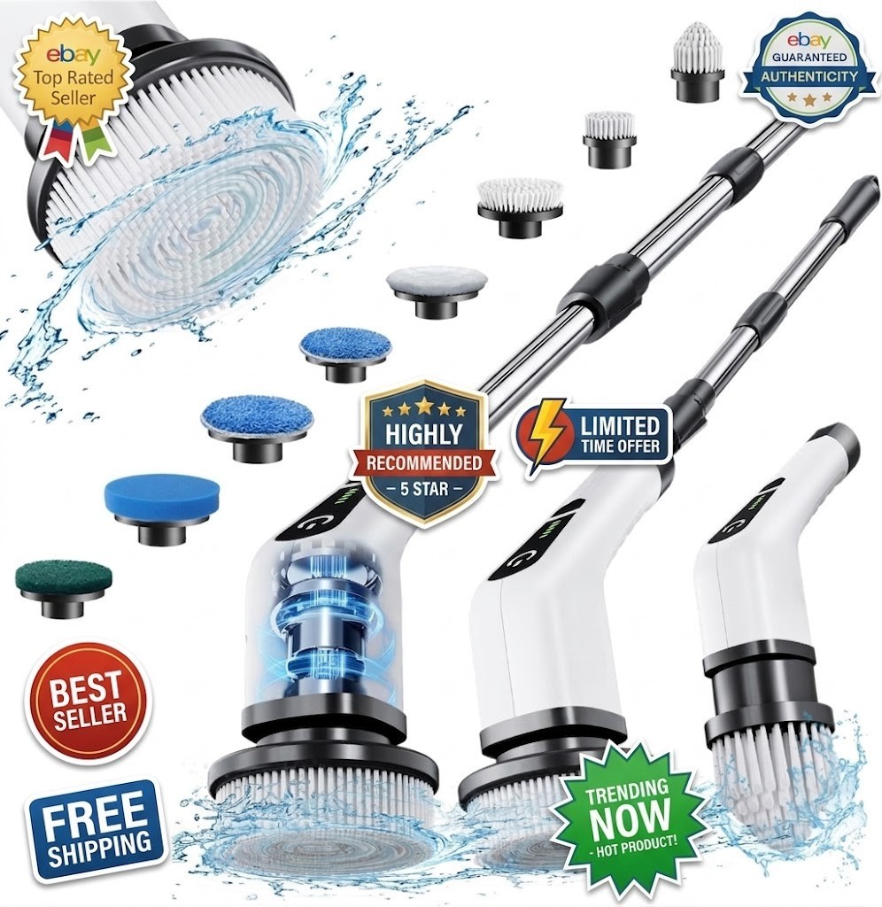 Electric Spin Scrubber, Cordless Cleaning Brush with 8 Replaceable Brush Heads