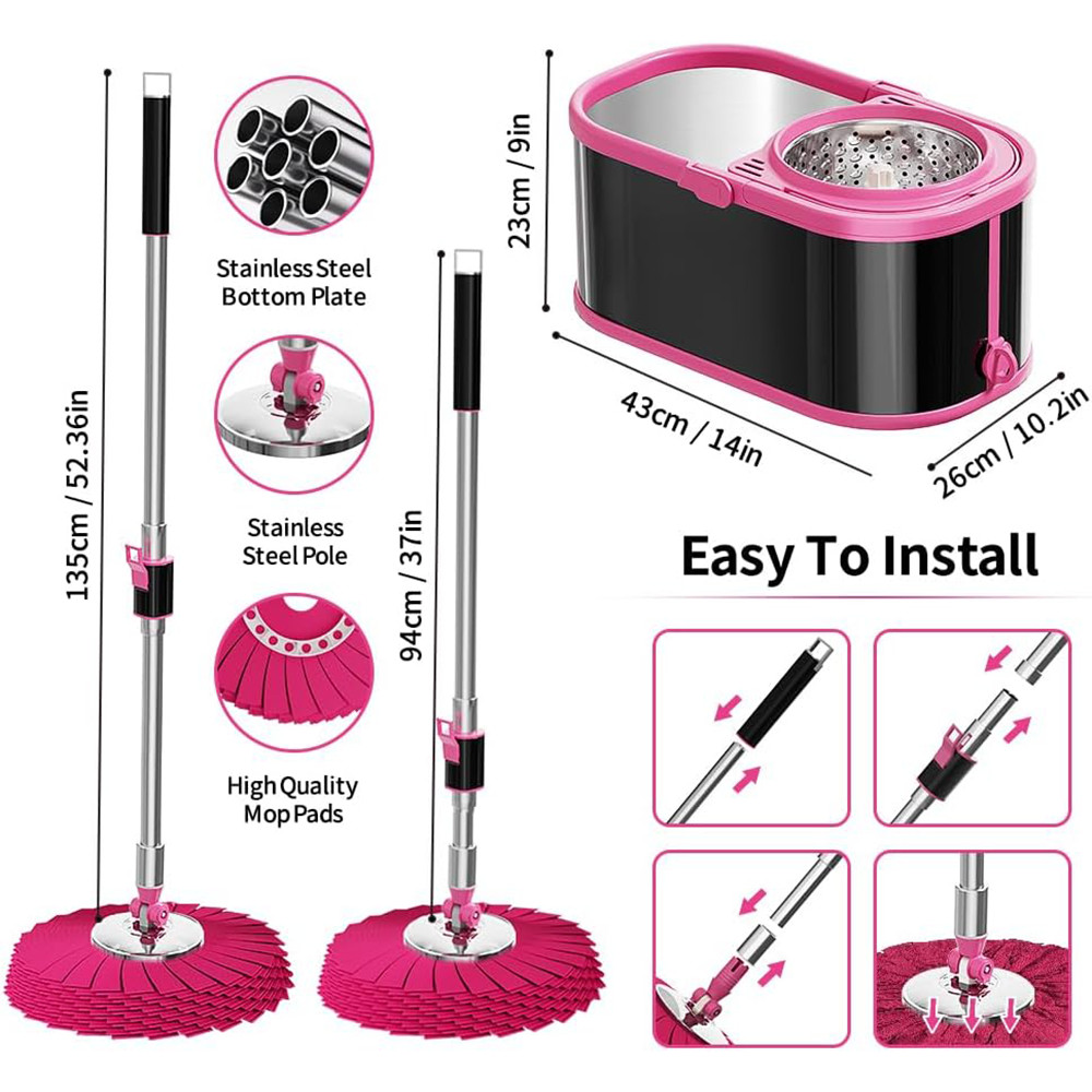 360 Spin Mop Bucket Set Stainless Steel Wringer 2/4/6 Heads Refill