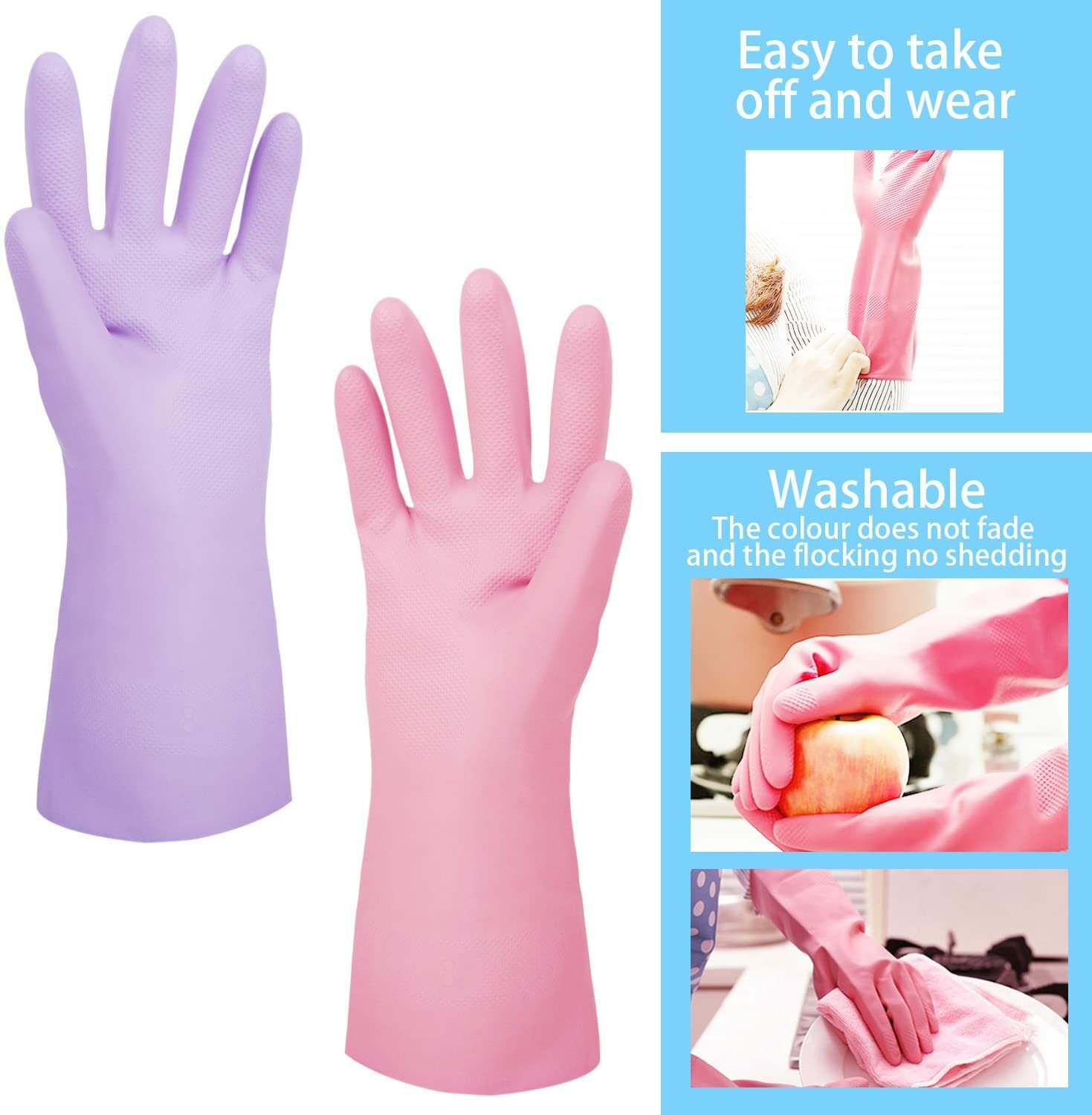 2 Pairs Household Rubber Gloves for Cleaning Dishwashing Gloves Purple Pink M