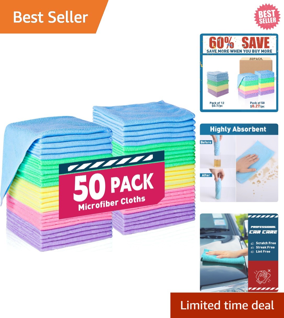 Ultra-Soft 50 Pack Microfiber Towels – 12×12, Reusable, Perfect for Home & Cars