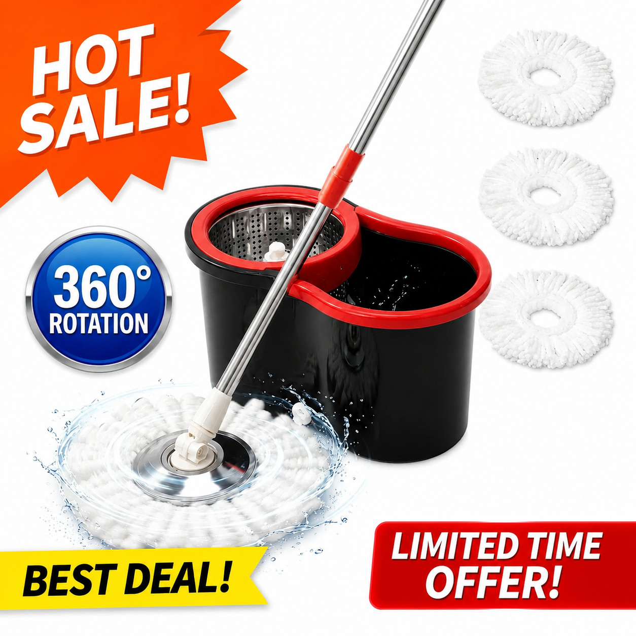 Spin Mop and Bucket with Wringer Set, 360° Spinning Mop System 3 Mop Refill