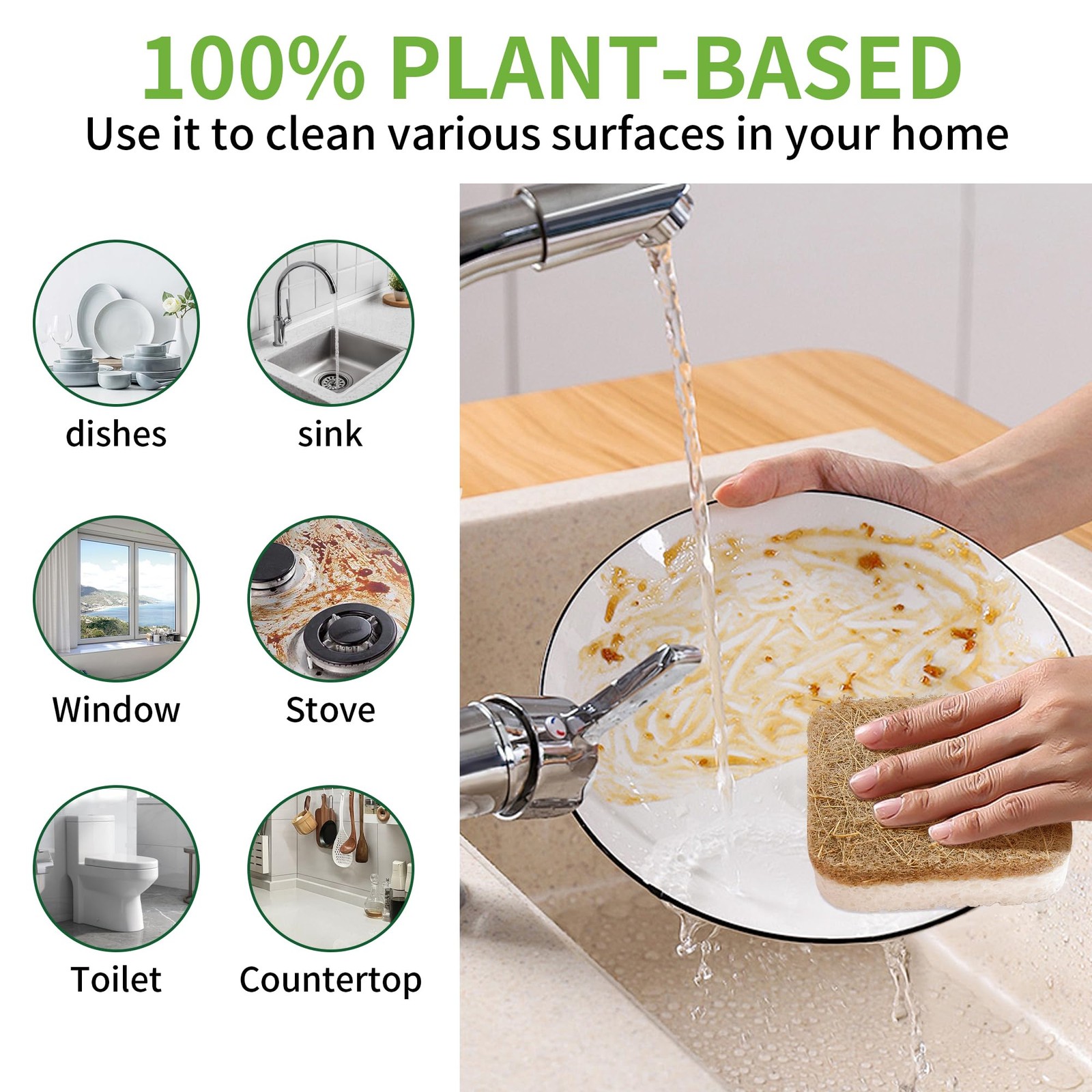 12Pack Natural Kitchen Scrub Dish Sponge with Suction Hanger Biodegradable Co…
