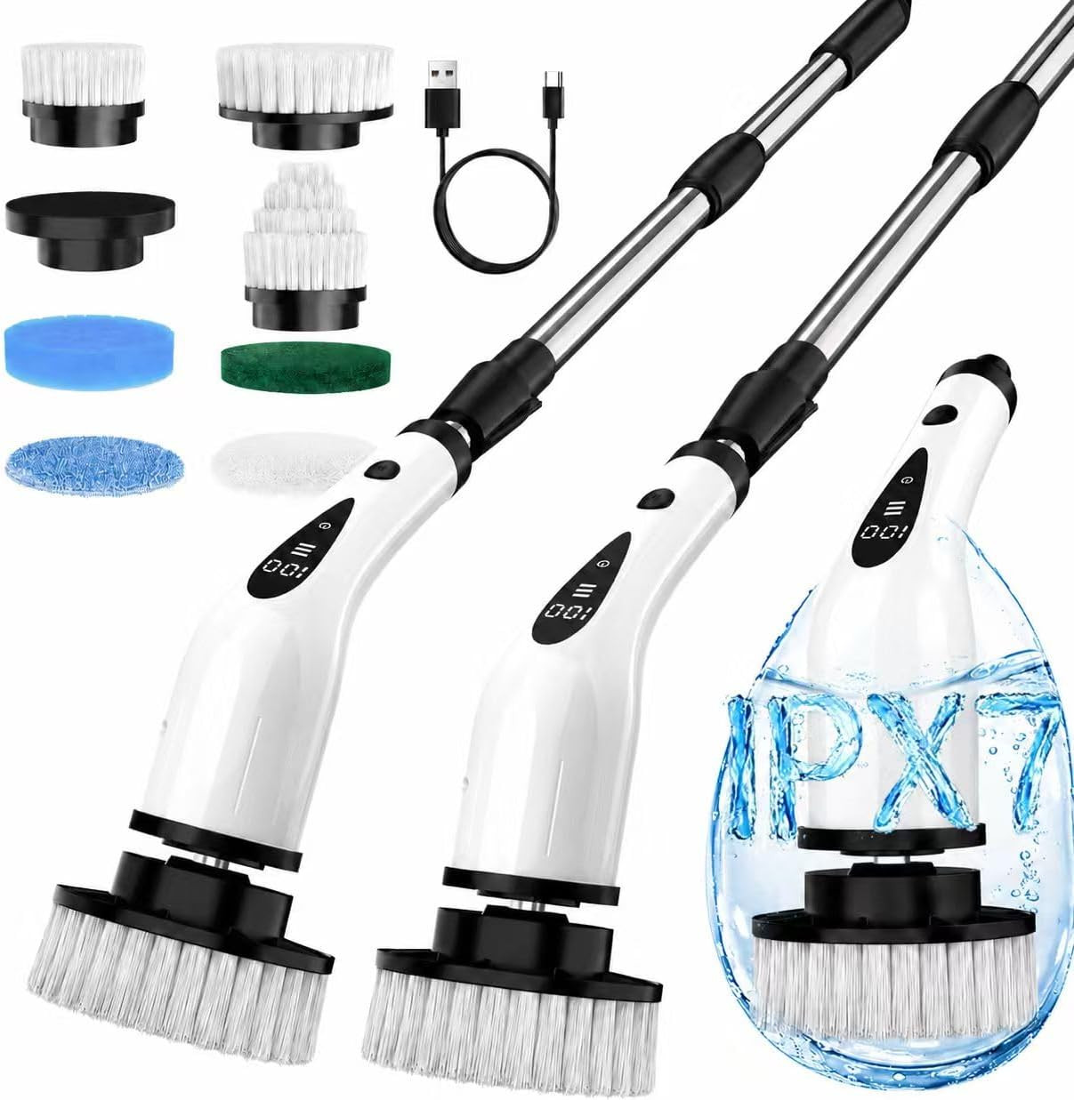 Electric Spin Scrubber, 3-Speed Flat End Brush with 8 Brush Heads & Base, IPX7 W