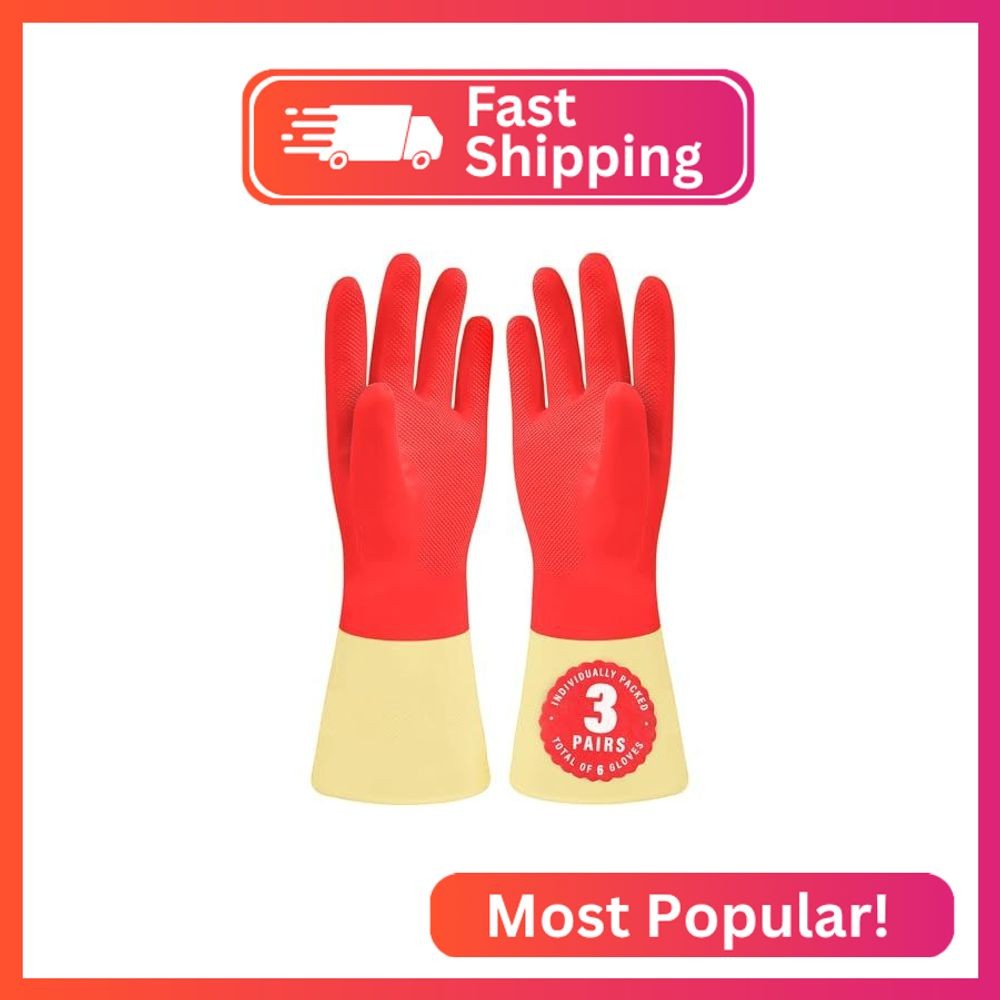 SteadMax 3 Pairs Red Cleaning Gloves, Reusable, Natural Rubber, Ultra Durable, W