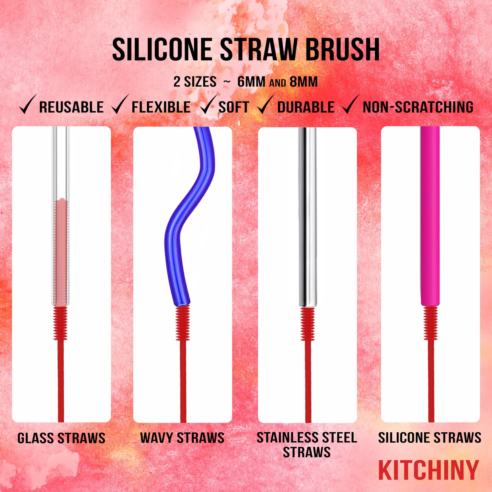 Kitchiny 12.5″ Silicone Bottle Brush & Straw Cleaner Set | Water Red