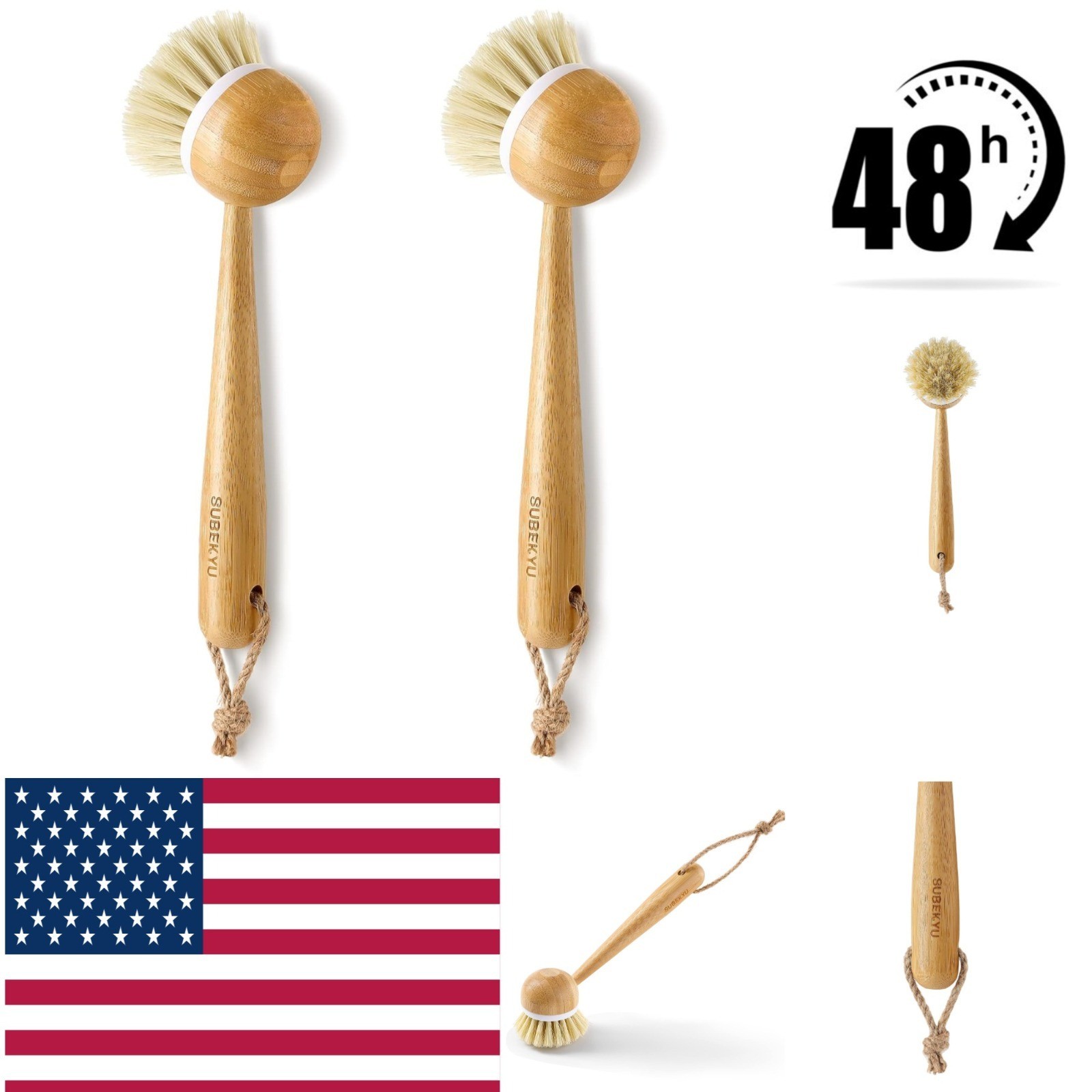 SUBEKYU Bamboo Dish Brush with Sisal Bristles – 2 Pack Kitchen Cleaner