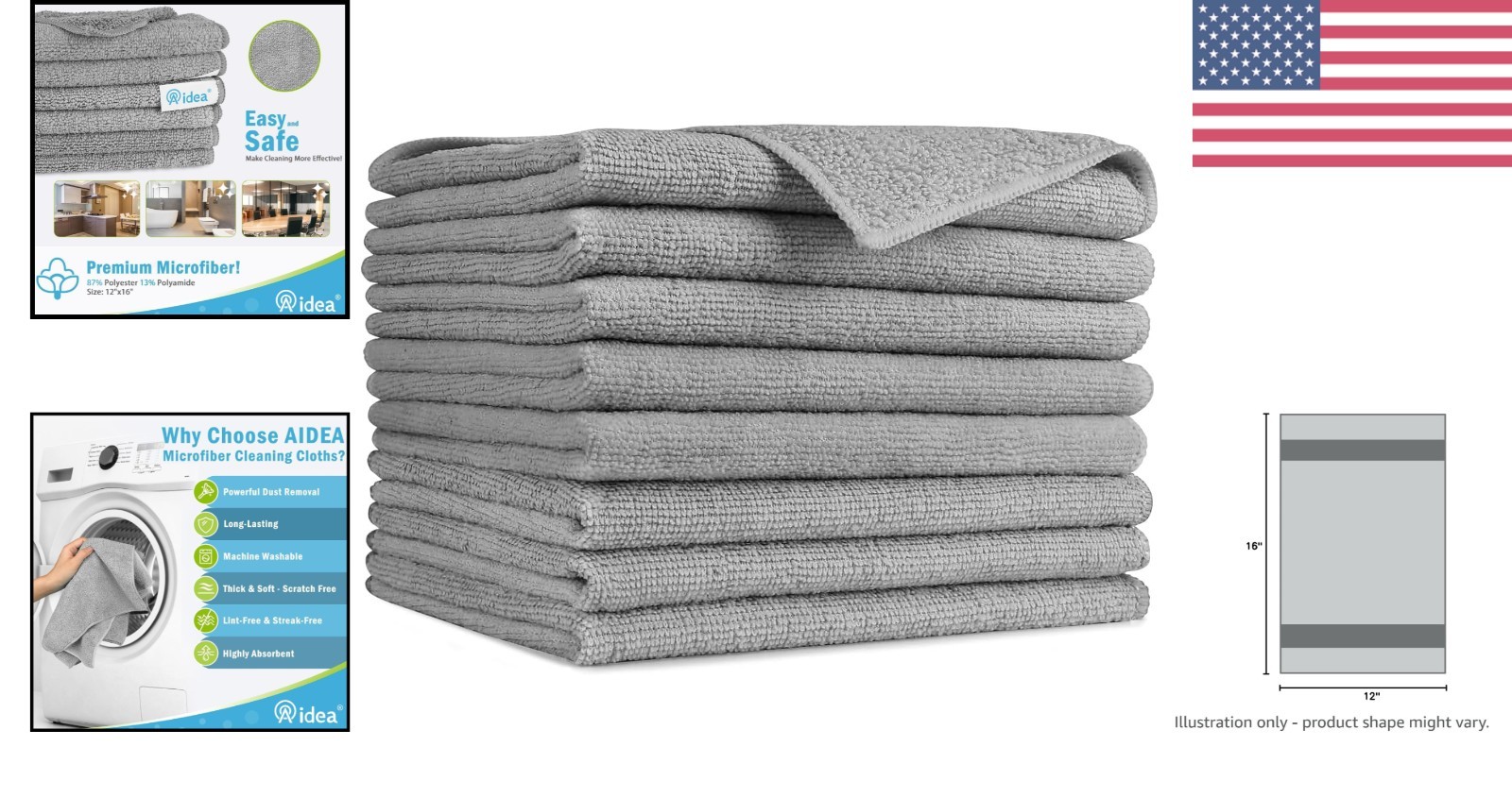 Compact 8PK Grey Microfiber Cloths – Lint-Free, Machine Washable Cleaning Towels