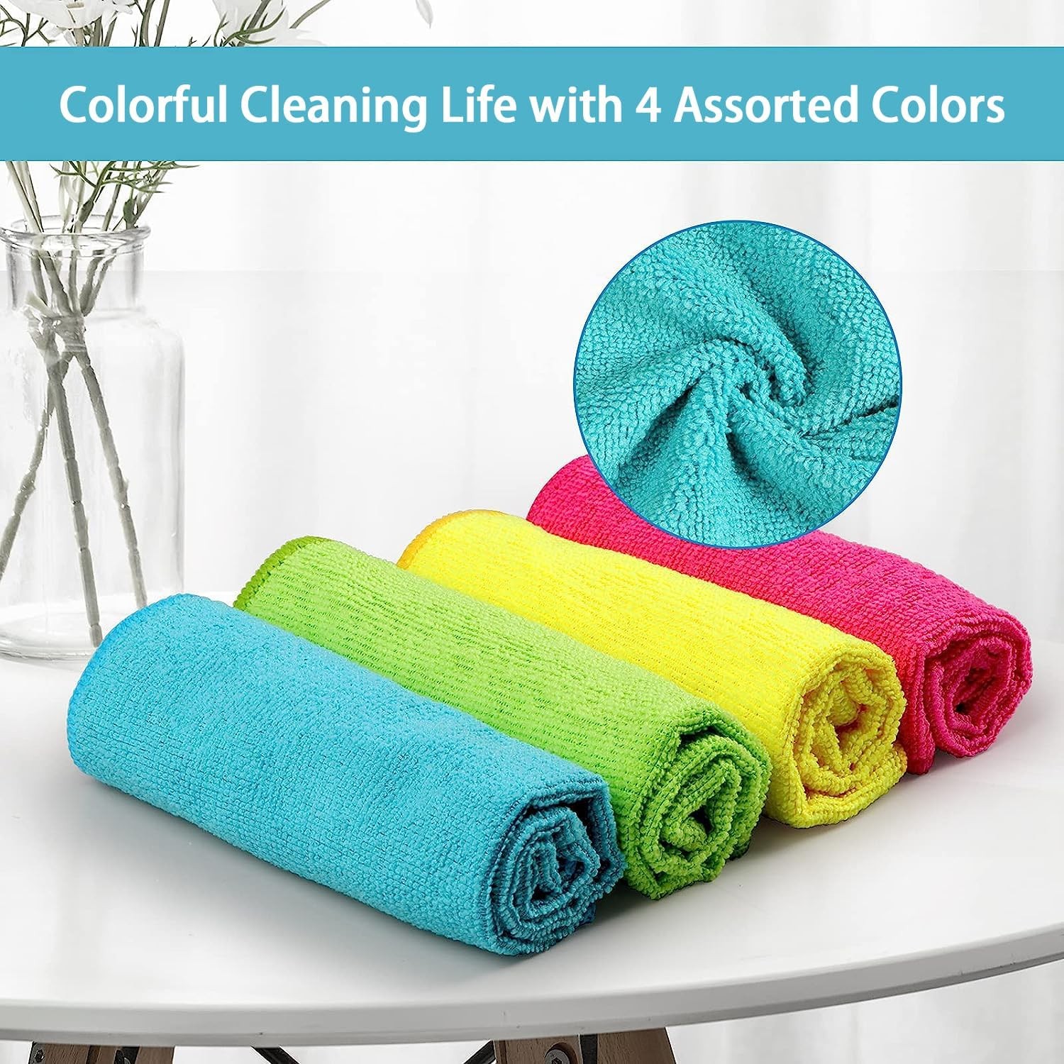 Microfiber Cleaning Cloth,12 Pack Cleaning Towels with (Green/Blue/Yellow/Pink)