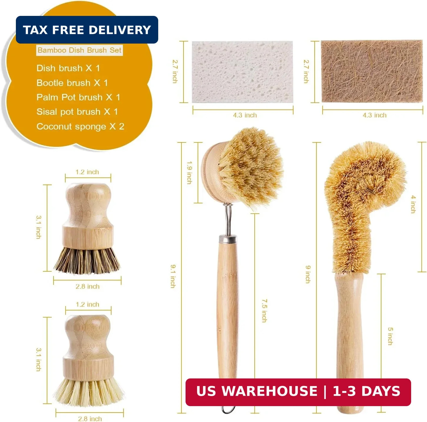 Bamboo Kitchen Cleaning Brush Kit with Sisal Palm Fiber & Coconut Sponge