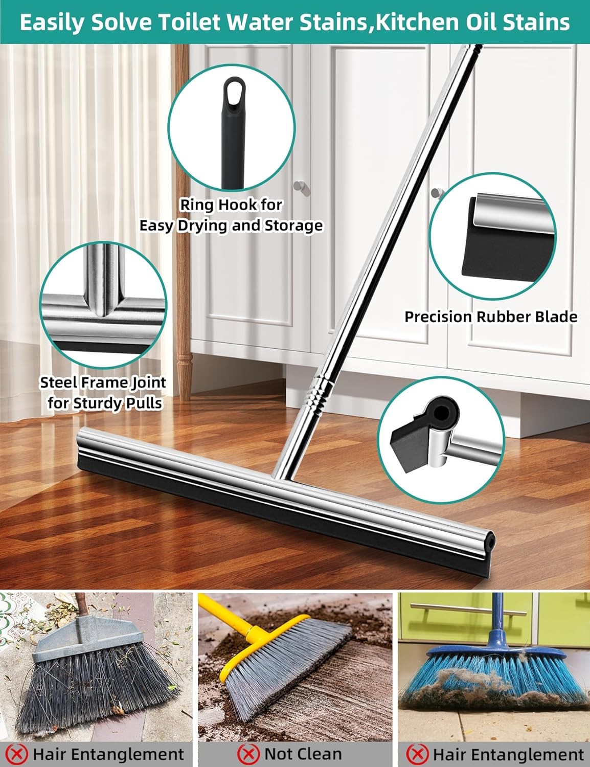Floor Squeegee Scrubber 59inch Long Stainless Steel Handle with 15inch Wide