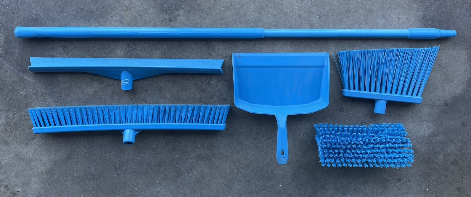 Vikan Blue Cleaning Tool Set w/ Handle: Broom Heads, Dustpan, Squeegee, Brush