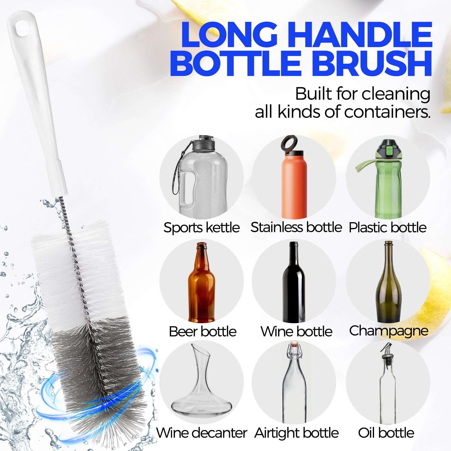 Holikme 10 Pack Bottle Brush Cleaner Set, 15″ Long Handle Whitegrey