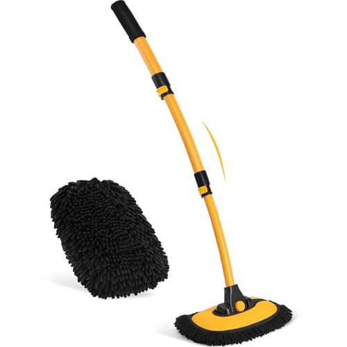 15°Curved Car Wash Brush with Long Handle, 43″ Car Cleaning Black and Yellow