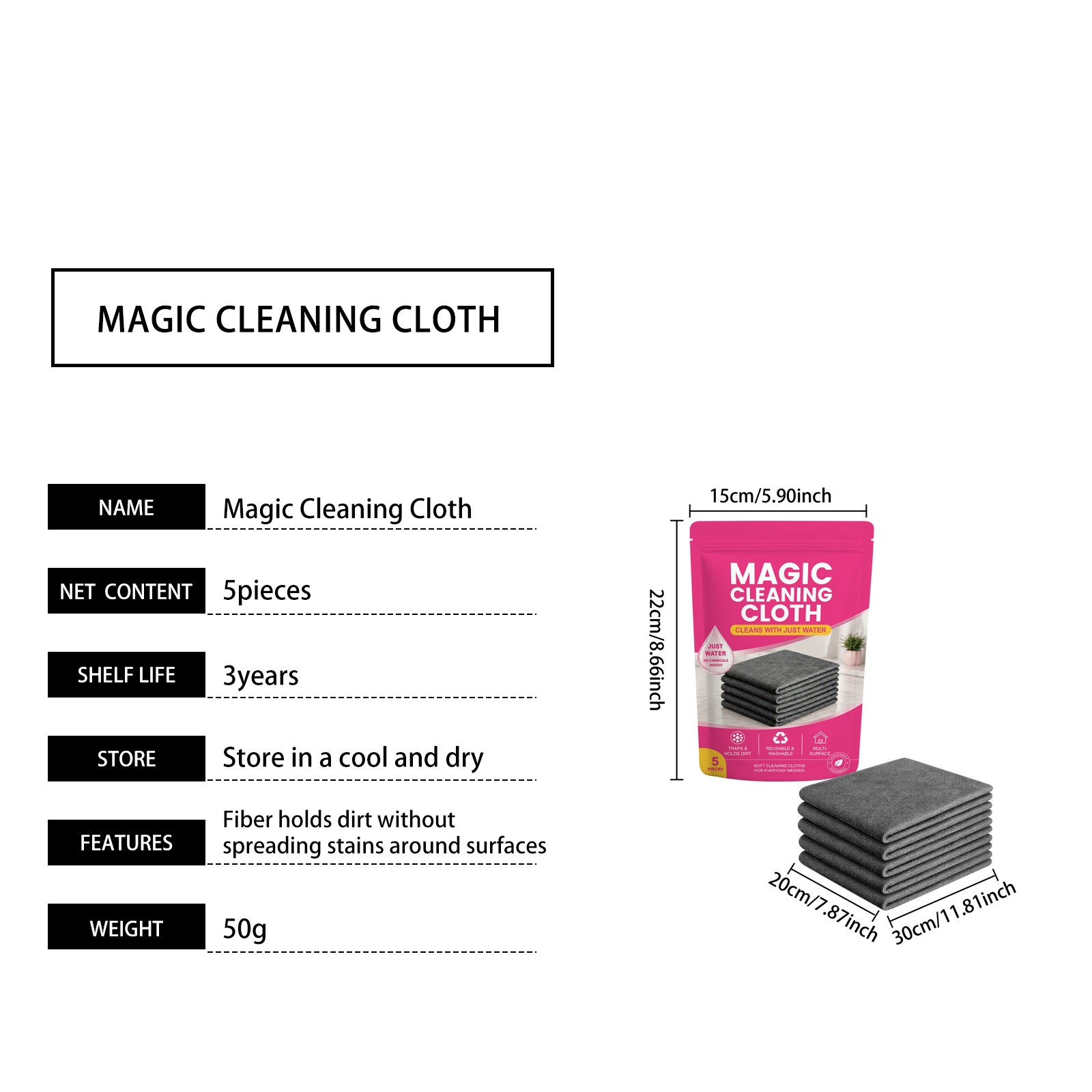 Magic Cleaning Cloth 5Pack Thick Microfiber Streak‑Free for Window Kitchen Reuse