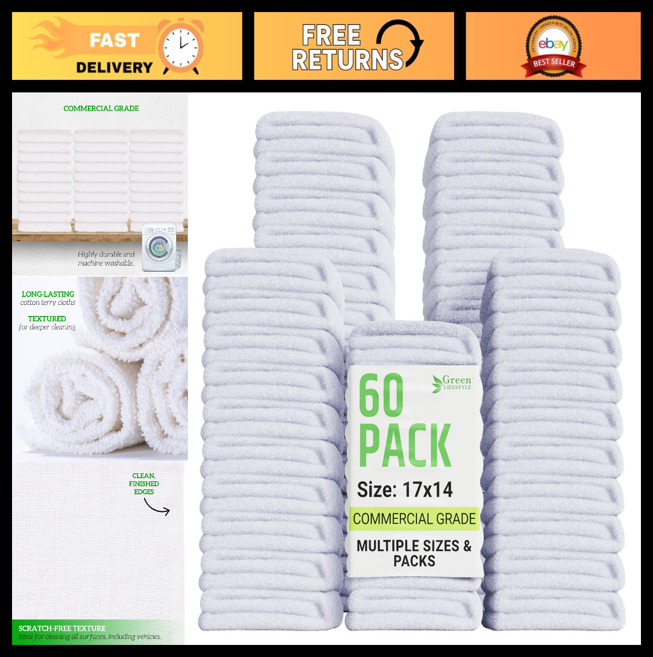 60-Pack Absorbent Cotton Wash Cloths 14″x17″ – Durable Cleaning Rags, Kitchen To