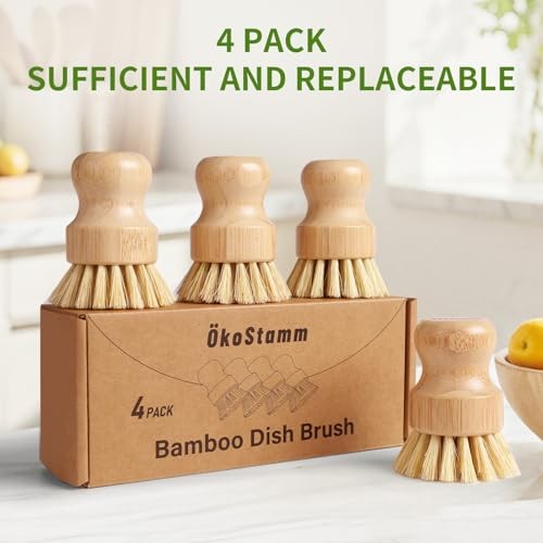 Bamboo Dish Brush with Sisal Bristle – 4 Pack – Natural