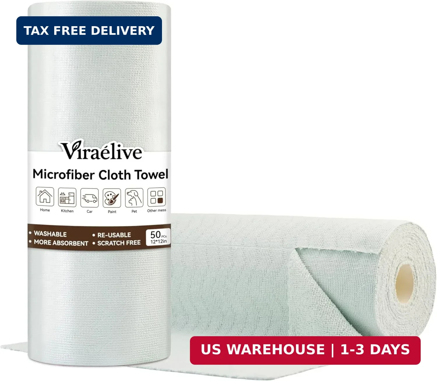 Microfiber Cleaning Cloth Roll, 50 Tear-Away Sheets, Reusable & Washable, Lint-F