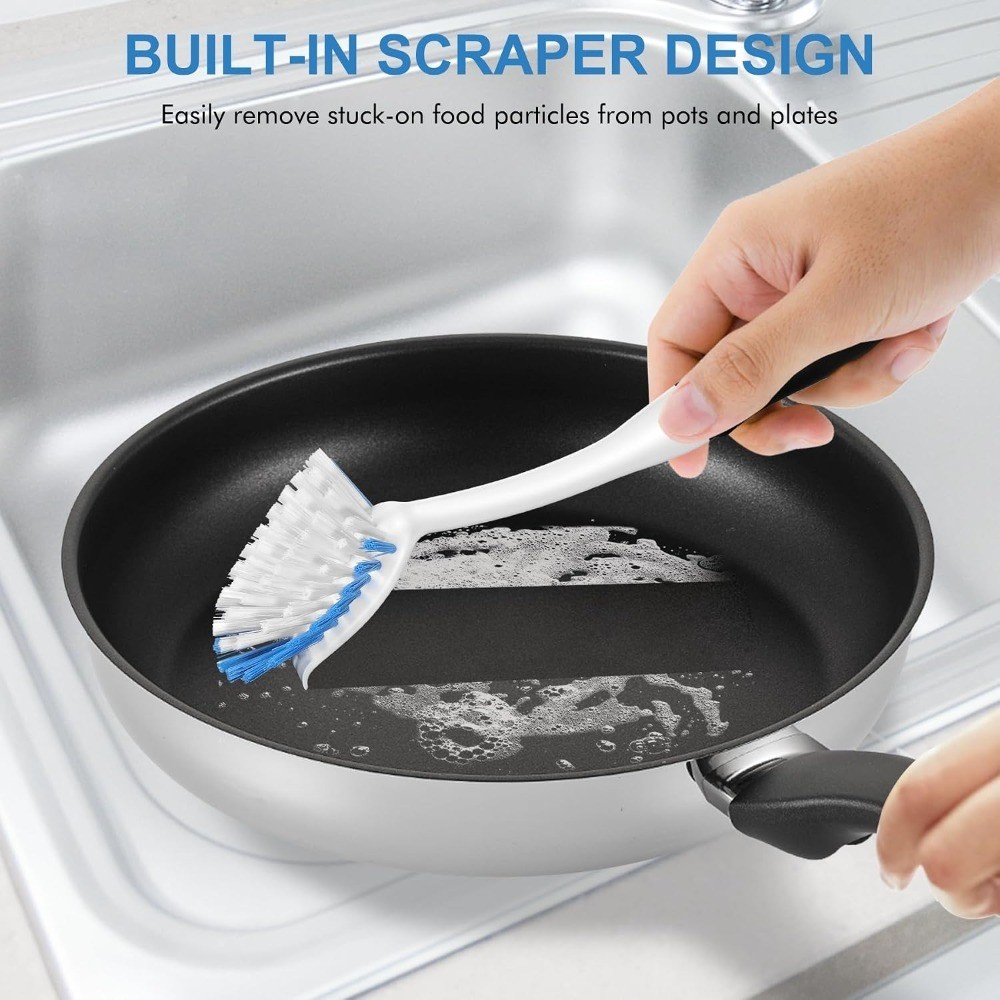 Dish Brush with Handle, 2 Pack Stiff Bristles Dish Scrubber with Built-in