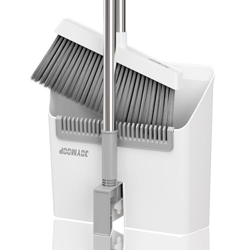 White Broom and Dustpan Set, Upright Angle Design with Built-in 1 White & Grey