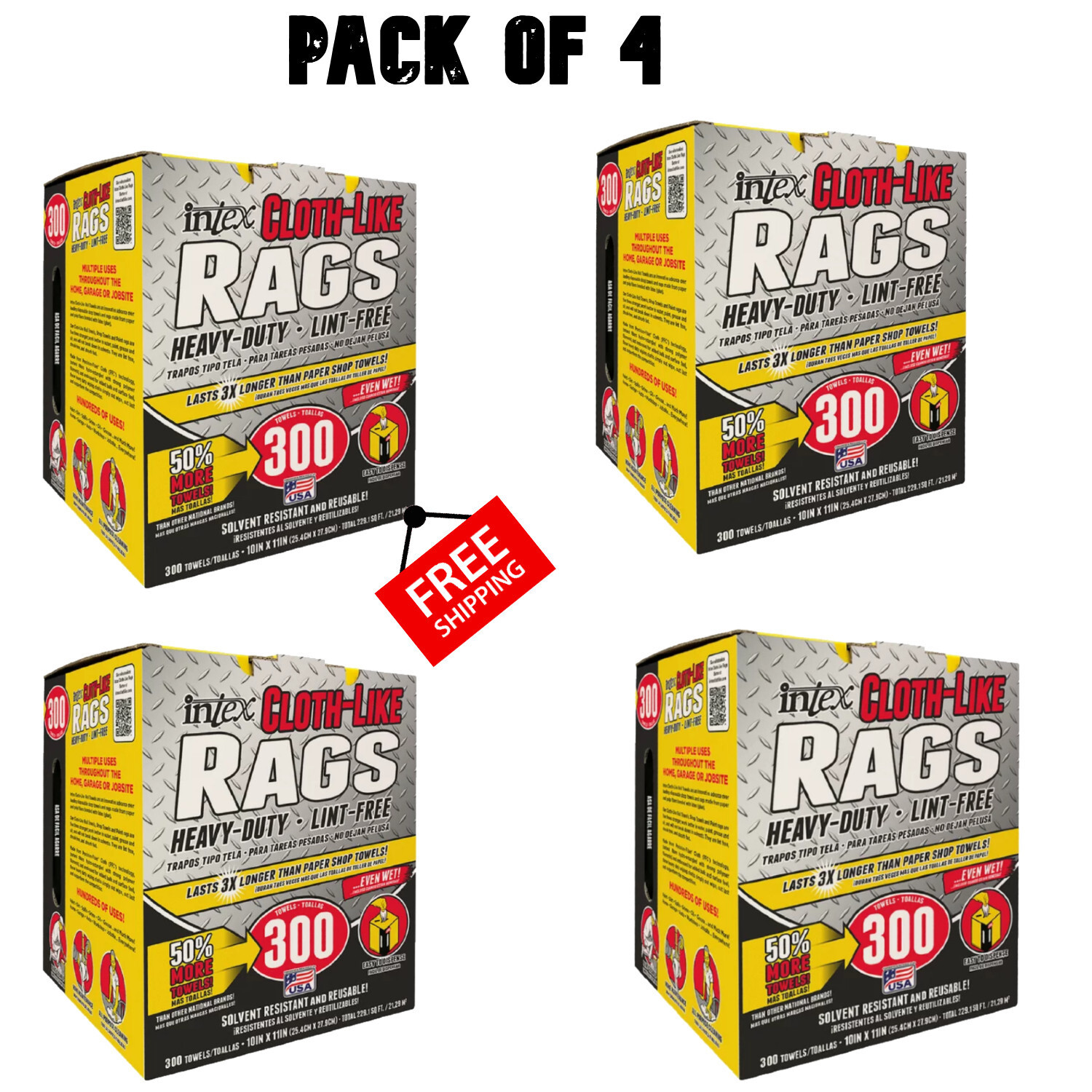 Intex Cloth-Like Rags in a Box 300 Towels 10″x11″ Heavy-Duty & Lint PACK OF 4