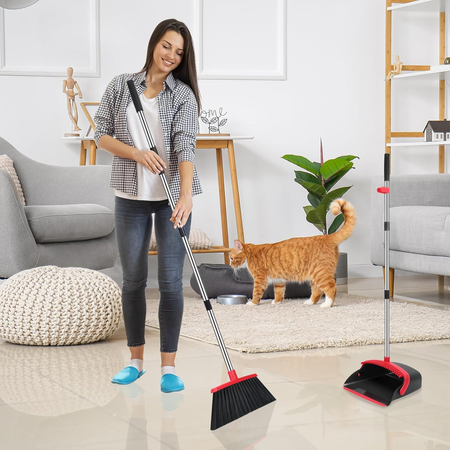 Broom and Dustpan Set, 52-In Long Adjustable Handle Broom Dustpan Combo with Dus