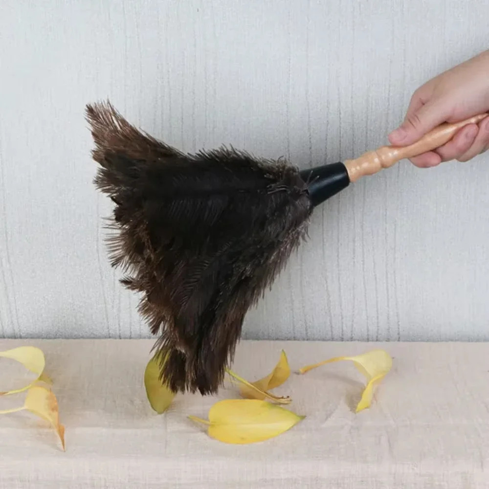 Ostrich Feather Duster with Wooden Handle Anti-Static Dust Removal Home Cleaning