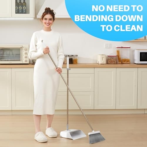 White Broom and Dustpan Set, Upright Angle Design with Built-in 1 White & Grey