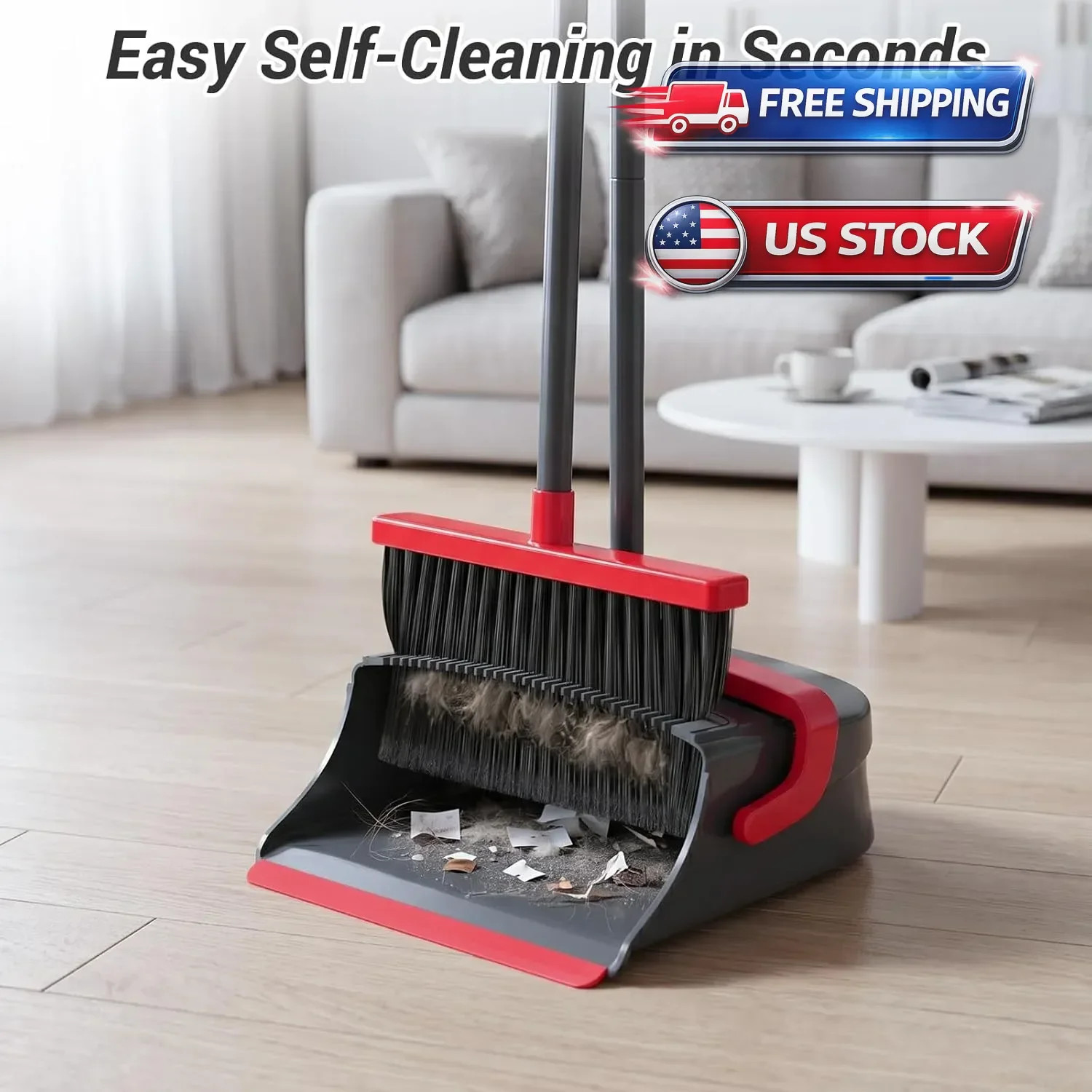 Upgrade Broom and Dustpan Set, Self-Cleaning with Dustpan Teeth, Indoor&Outdo…