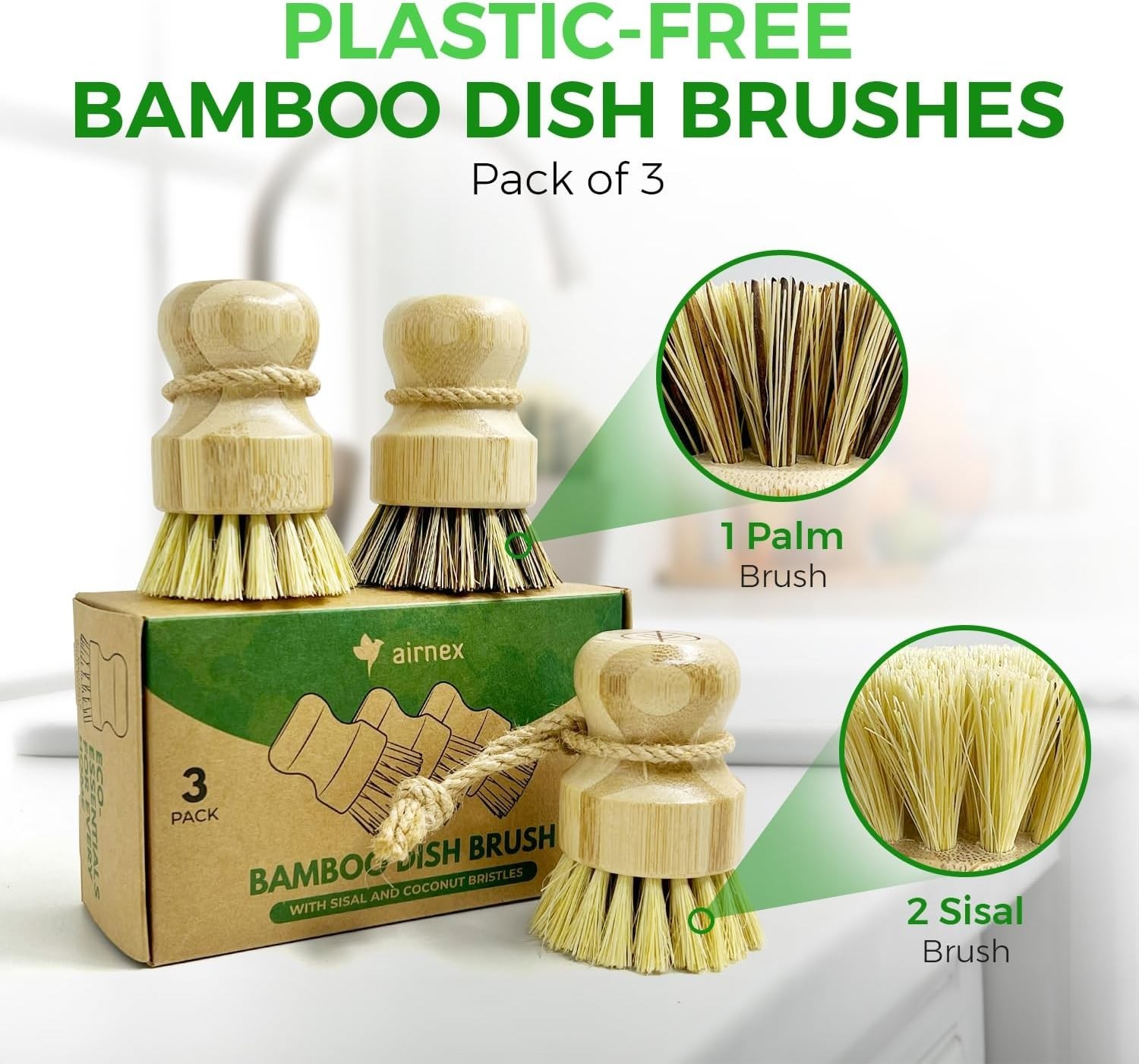 Bamboo Dish Brush Set of 3 – Natural Wooden Dish Scrubber w/Medium Stiff Sisal