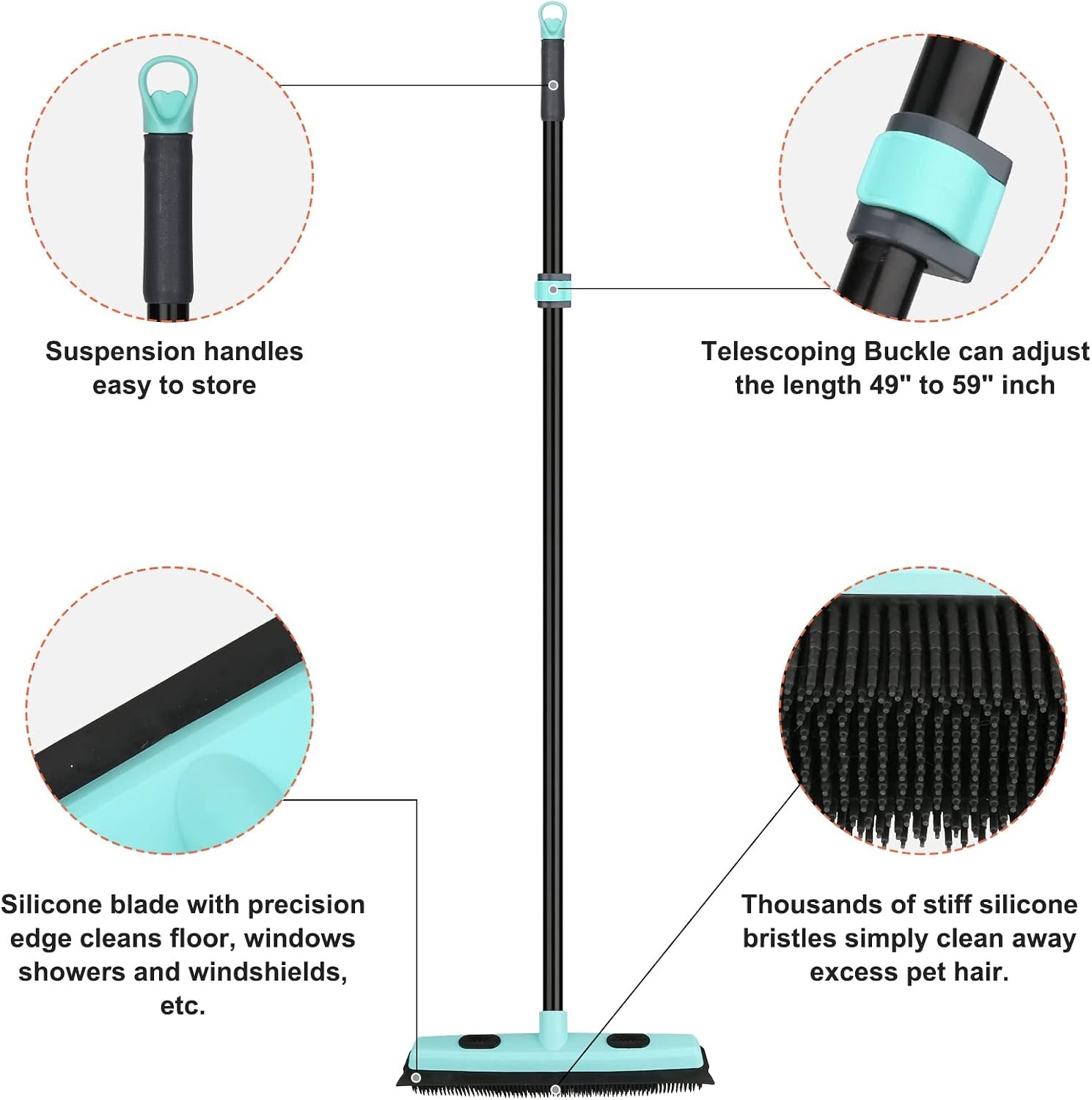 Rubber Broom Carpet Rake for Pet Hair Removal, Fur Remover Broom with 59″