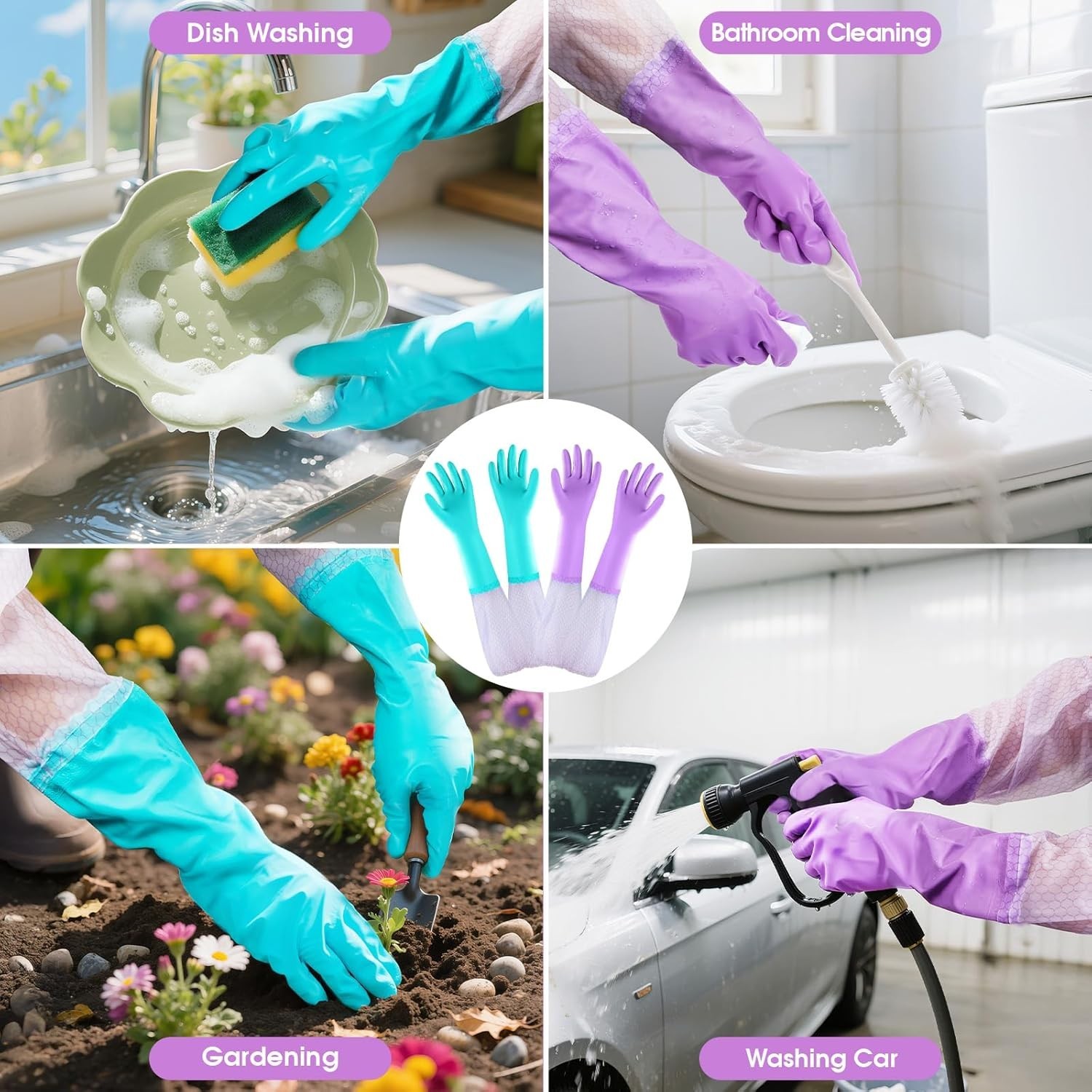 Diswashing Gloves Reusable Cleaning Kitchen Gloves Pairs Purple + Blue Medium