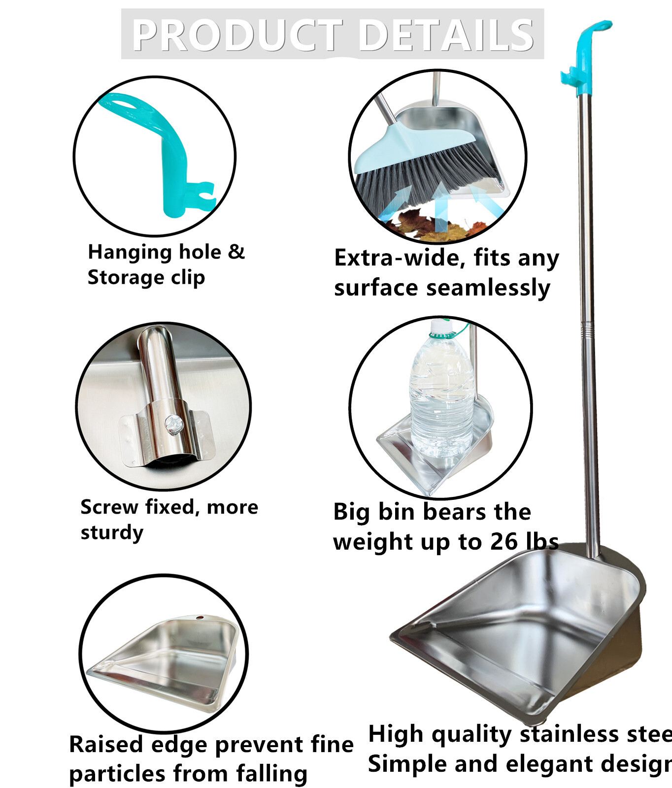 Upright Dust Pan, 33.5×10.7×10.3in Stainless Steel Dustpan Long Handle
