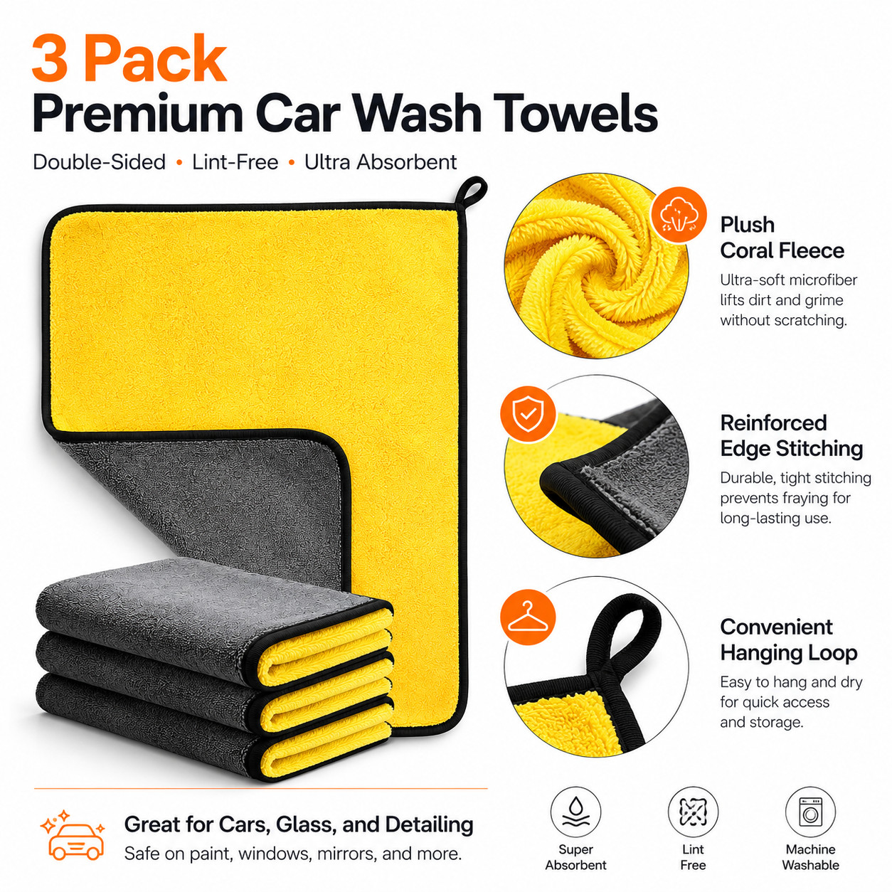 3 Pack 30x60cm Dual-Sided Microfiber Car Drying Towels Absorbent Lint-Free