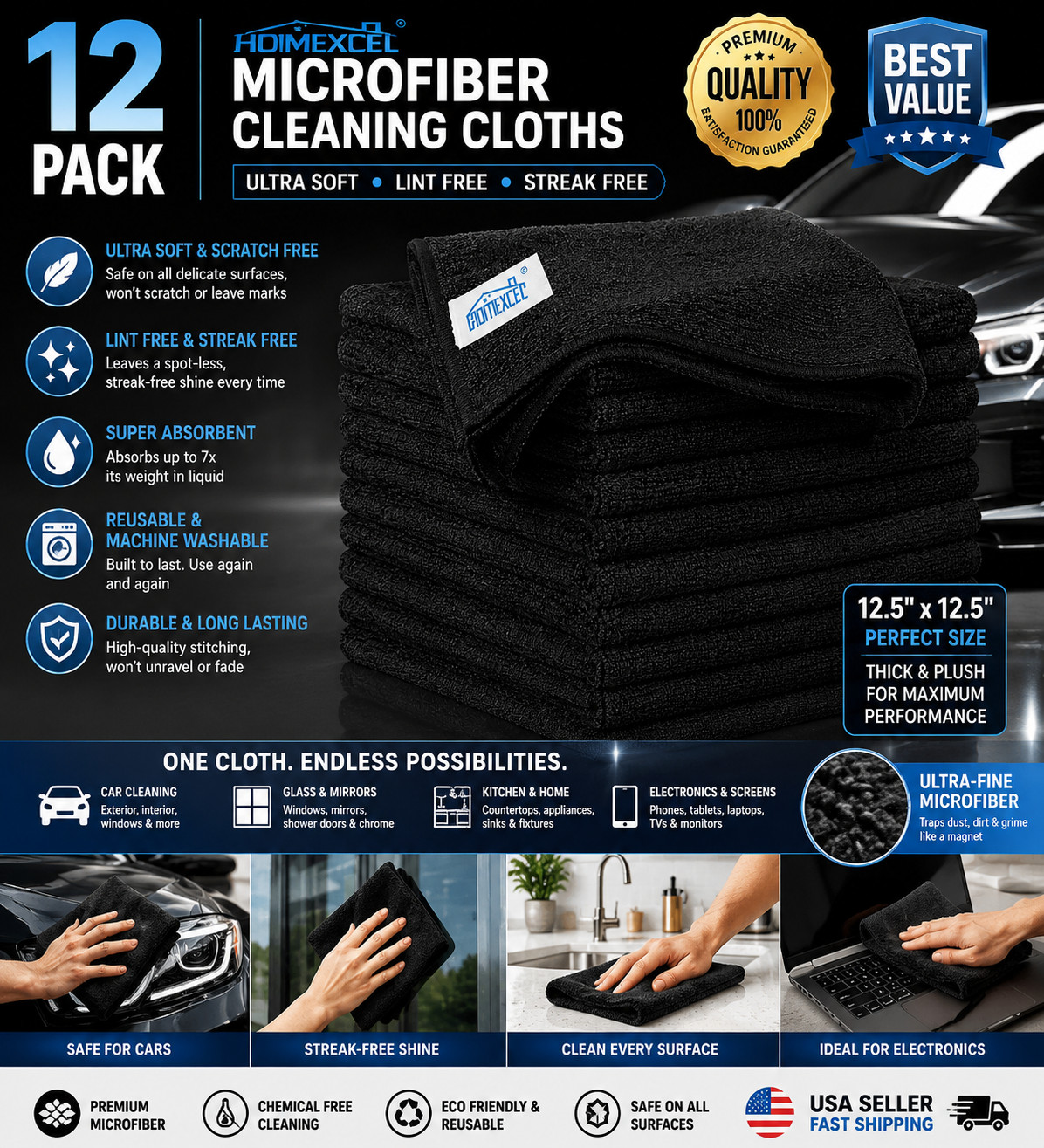 Black Microfiber Cleaning Cloth 12 Pack, 12.5 x 12.5 inch Microfiber Towels for