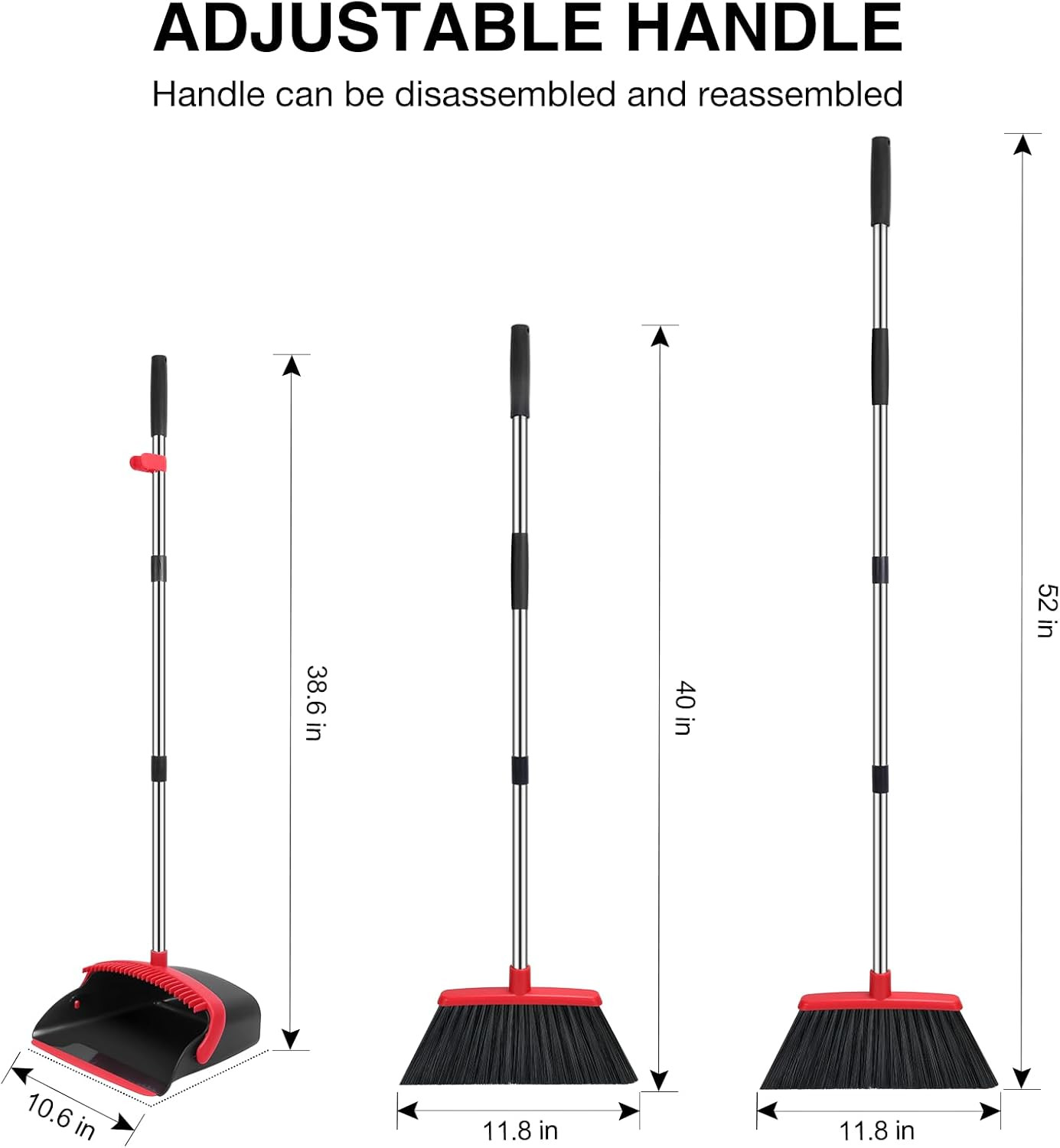 Broom and Dustpan Set, 52-In Long Adjustable Handle Broom Dustpan Combo with Dus