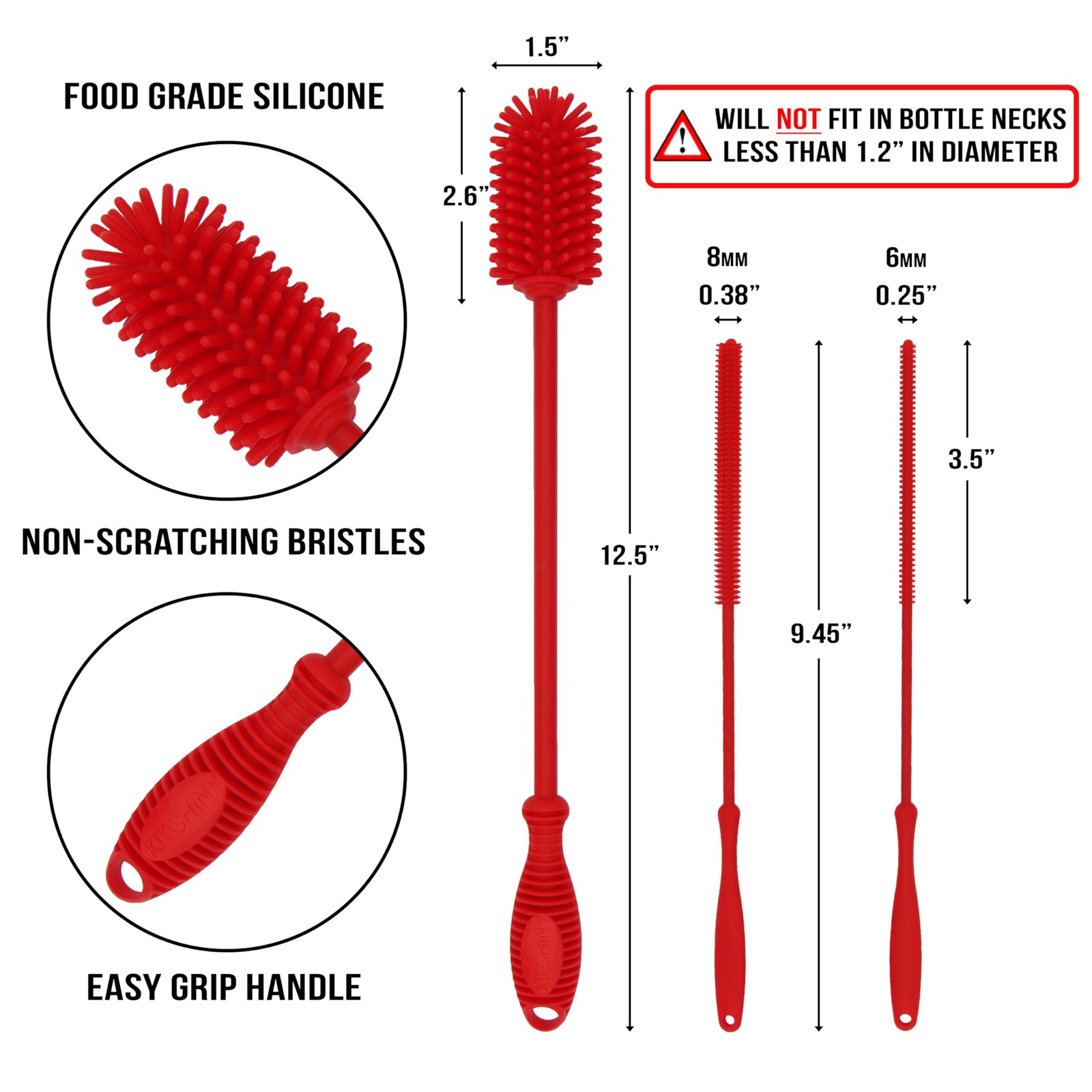 Kitchiny 12.5″ Silicone Bottle Brush & Straw Cleaner Set | Water Red