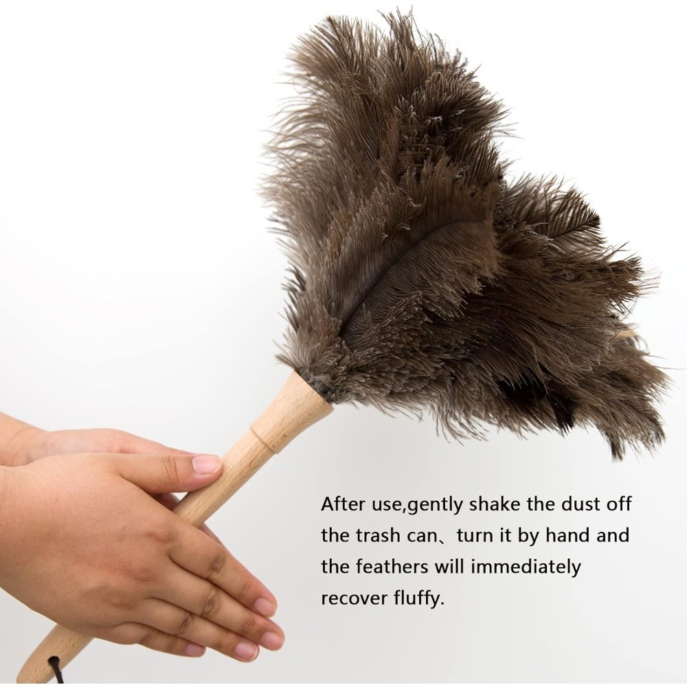 2PCS Ostrich Feather Duster 16 Inch Fluffy Natural with Wood Handle Reusable