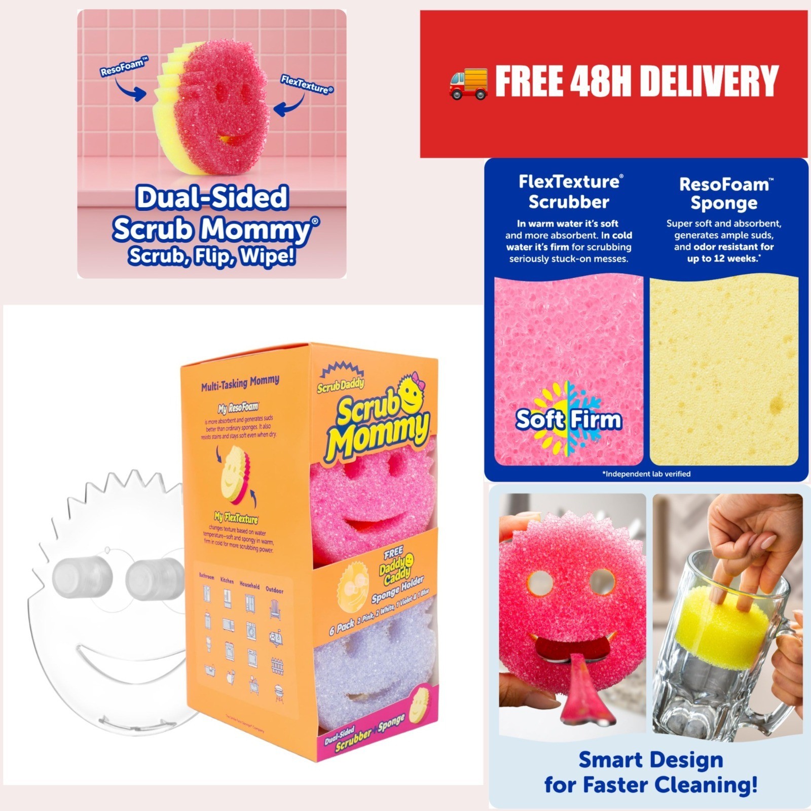 Scrub Daddy Kitchen Sponges (6) + Daddy Caddy Holder – Scratch-Free Cleaning