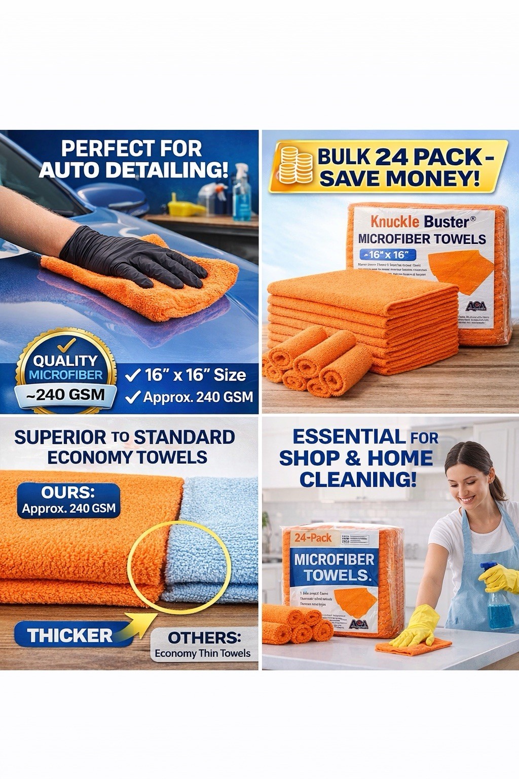 24 Pack Microfiber Cleaning Towels 16×16 Orange 240 GSM Lint Free Shop Cloths