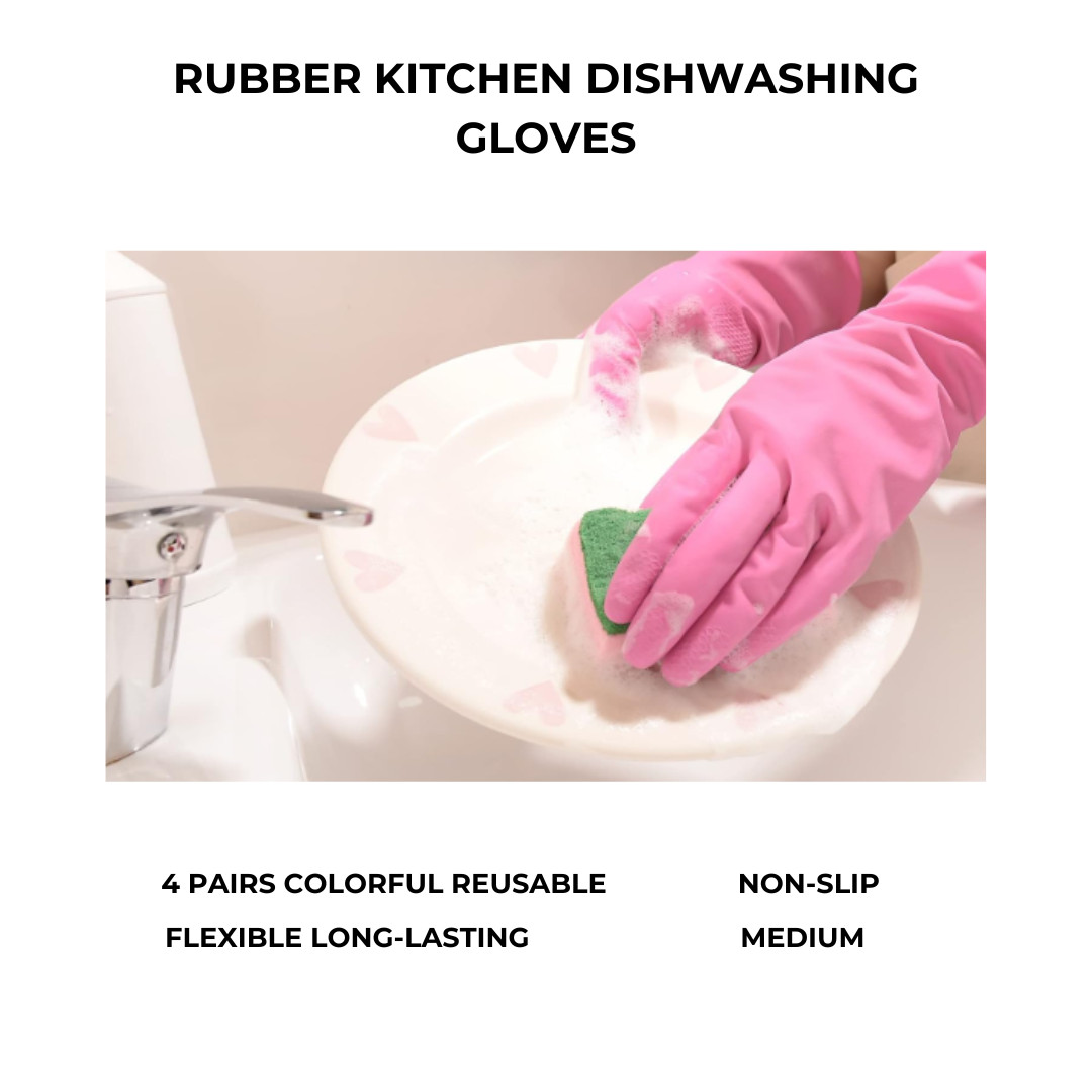 Colorful Rubber 4 Pairs Medium Reusable Kitchen Gloves Dishwashing & Cleaning