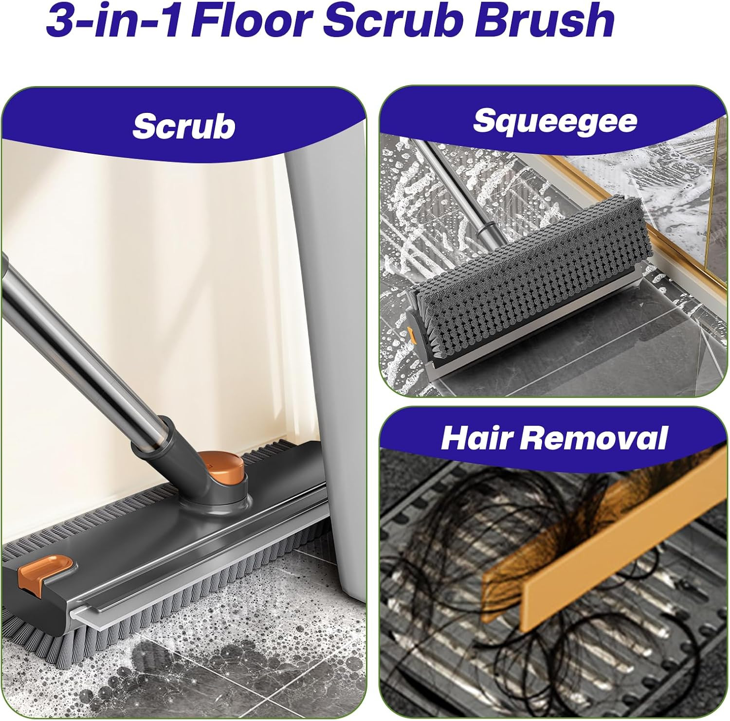 3-In-1 Floor Scrub Brush with Long Handle, Scrape and Heavy-Duty Stiff Bristle F