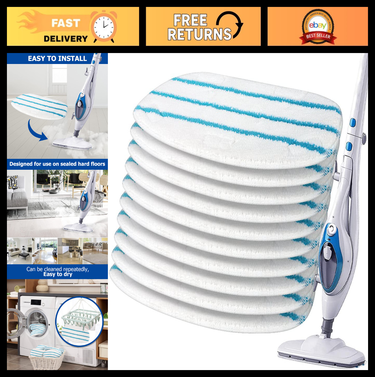 10 Pack Washable Replacement Steam Mop Pads for 10-in-1 Steam Mops – Reusable, C
