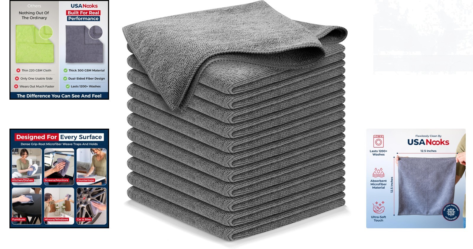 Streak-Free Microfiber Towels: 12 Pcs 12.5×12.5 – Last 1200 Washes, Eco-Friendly
